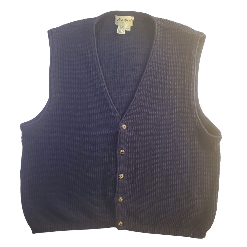 Vintage Eddie Bauer Sweater Vest Mens Large Navy Blue Waffle Knit Made USA 90s